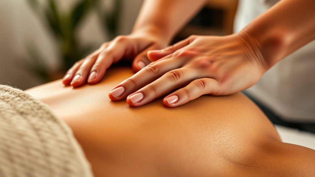 Close-up of hands performing gentle therapeutic massage or manual therapy techniques on a patient's shoulder, warm lighting emphasizing care and professional touch in a wellness setting