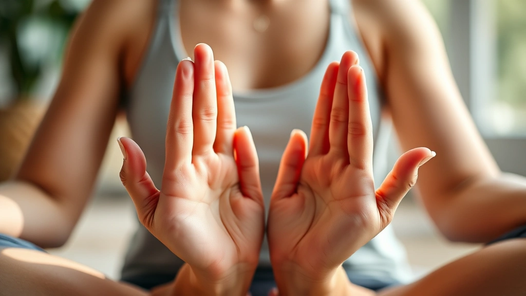 Close-up of hands in meditation position during yoga practice, soft natural lighting, peaceful expression, showing mindfulness and mental clarity