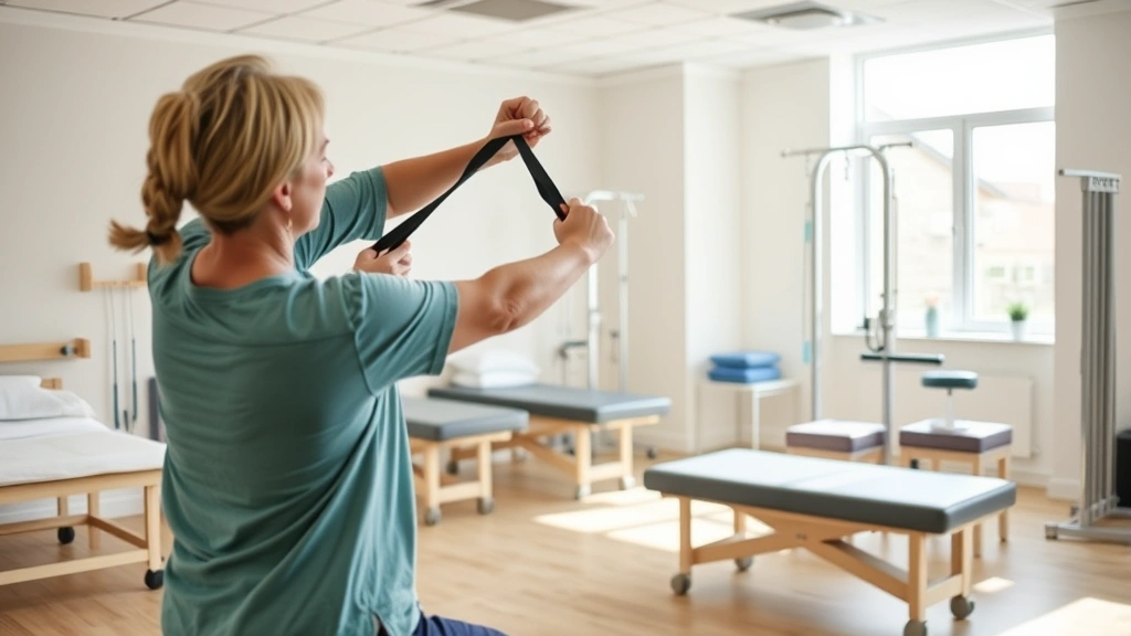 Patient performing guided resistance band exercises under therapist supervision in bright rehabilitation clinic with treatment tables and exercise equipment
