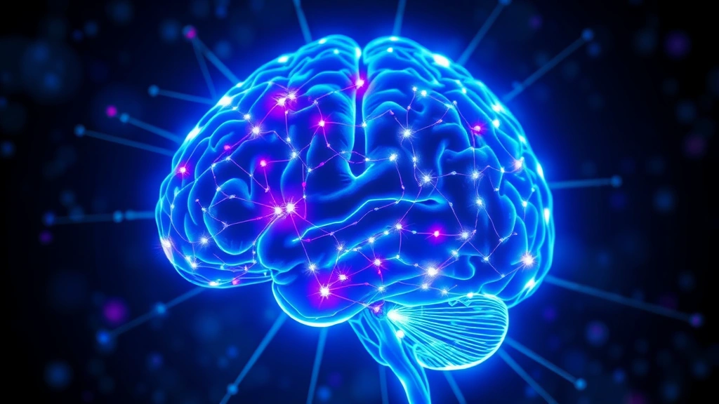 Brain scan visualization showing neural networks lighting up in bright blues and purples, representing mindfulness activation patterns in the prefrontal cortex, scientific illustration style