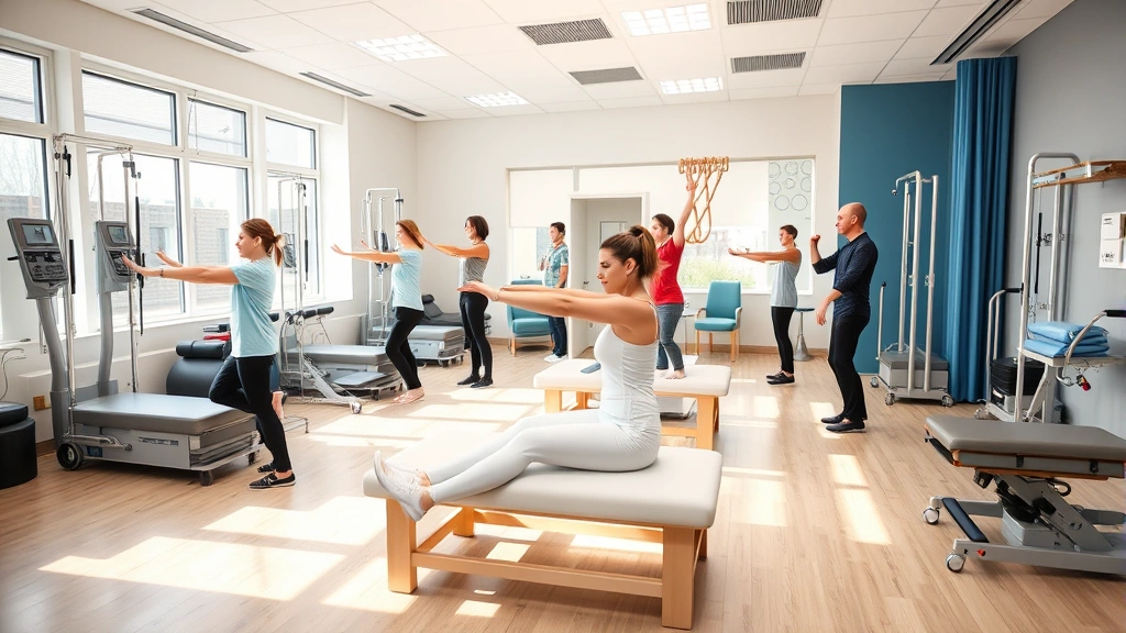 Diverse group of patients performing therapeutic exercises in bright, professional physical therapy clinic with state-of-the-art rehabilitation equipment