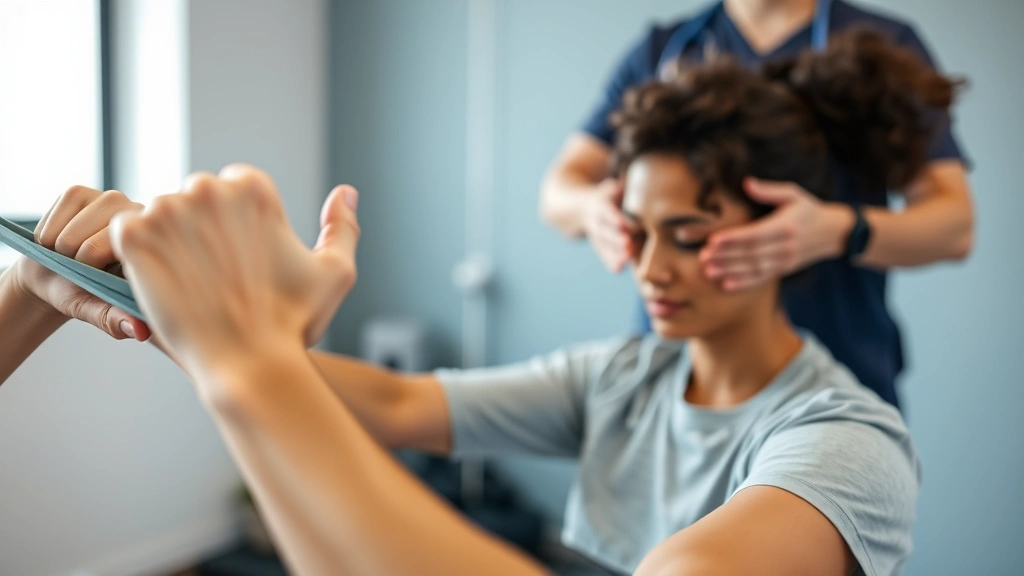 Close-up of patient performing resistance band exercises during physical therapy session with therapist observing, demonstrating strength training in rehabilitation