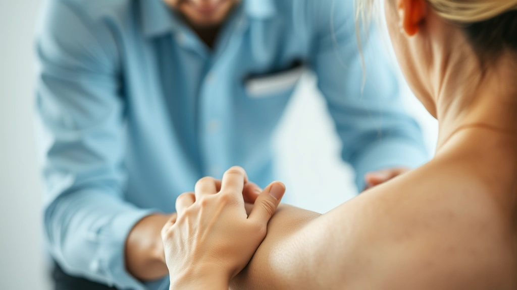 Close-up of therapist performing manual therapy technique on patient's shoulder with focused professional posture and therapeutic touch demonstrating expertise