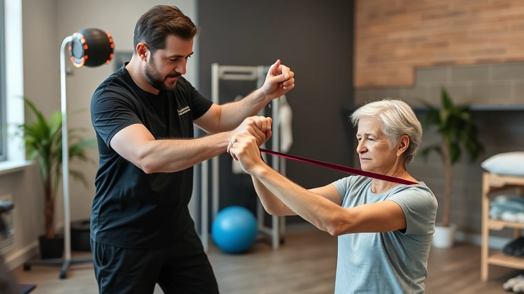 Patient performing therapeutic exercise with resistance band under supervision, modern physical therapy clinic, focus on proper form and technique demonstration