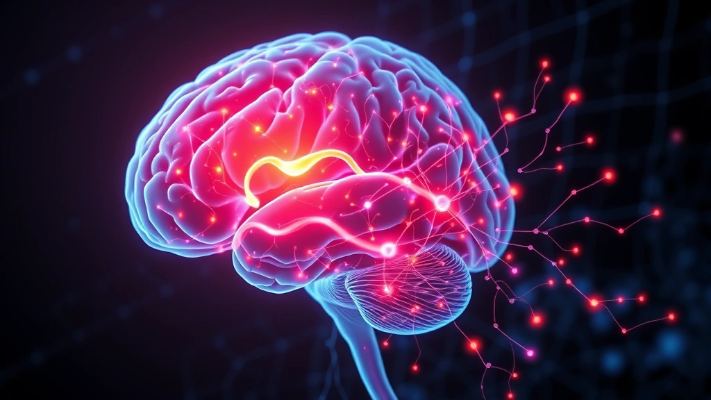 Brain scan visualization showing neural activation in prefrontal cortex during meditation, glowing network of interconnected neurons representing mindfulness-induced neuroplasticity and healing