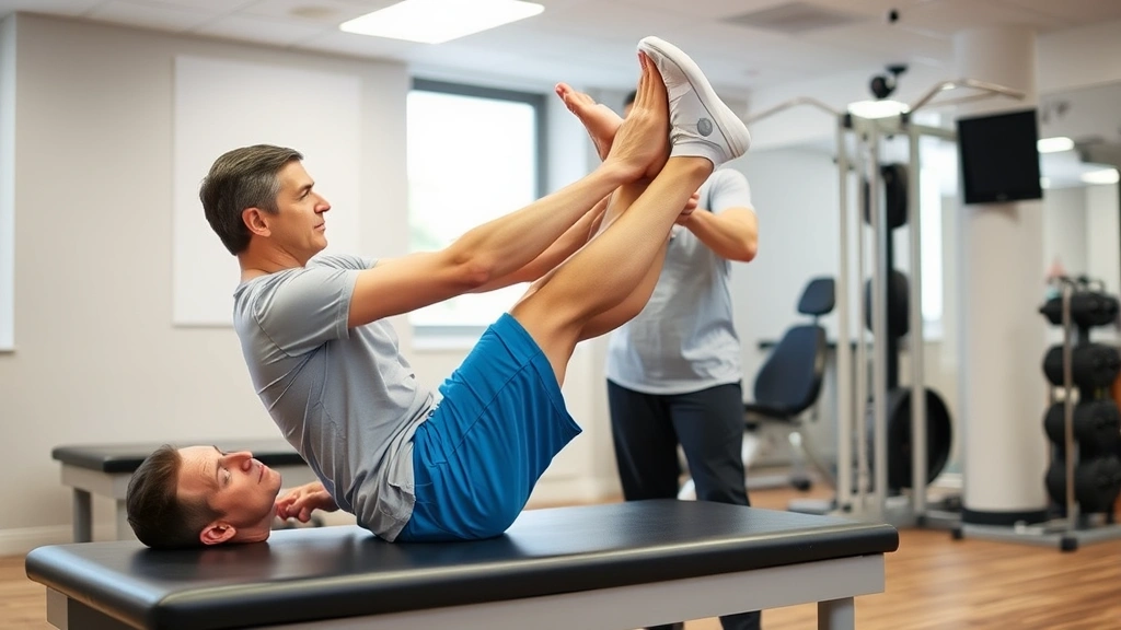 Patient performing guided resistance exercises with physical therapist supervision in rehabilitation facility, focusing on leg strengthening, gym equipment visible, therapeutic movement demonstration