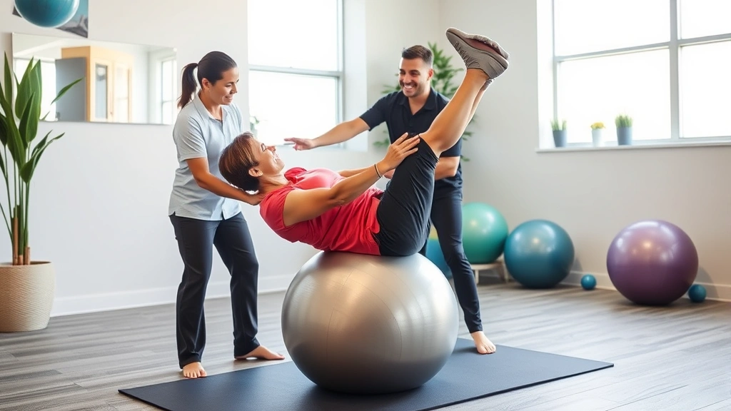 Patient performing guided therapeutic exercises on stability ball under physical therapist supervision in bright Las Vegas clinic, demonstrating proper form and controlled movement for rehabilitation