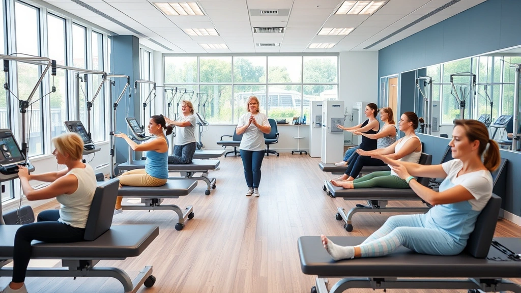 Diverse group of patients of various ages using rehabilitation equipment and performing exercises in state-of-the-art physical therapy facility with contemporary design