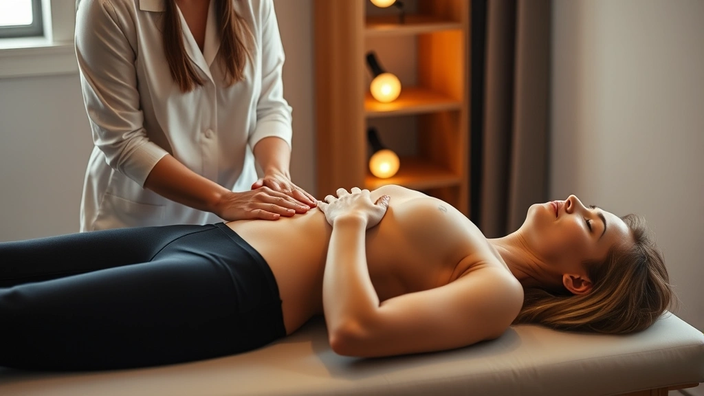 Therapist and patient in therapeutic session, patient lying on treatment table with hands on abdomen during body scan exercise, mindful breathing practice, warm clinical lighting