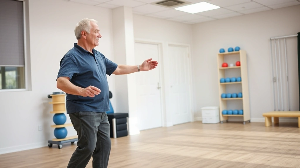 Senior patient doing balance and mobility exercises in modern physical therapy clinic, supportive environment with therapist nearby, demonstrating functional training recovery