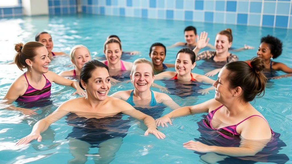 A diverse group participating in aquatic therapy in a therapeutic pool environment, participants showing joy and engagement while performing water-based exercises with therapist supervision visible
