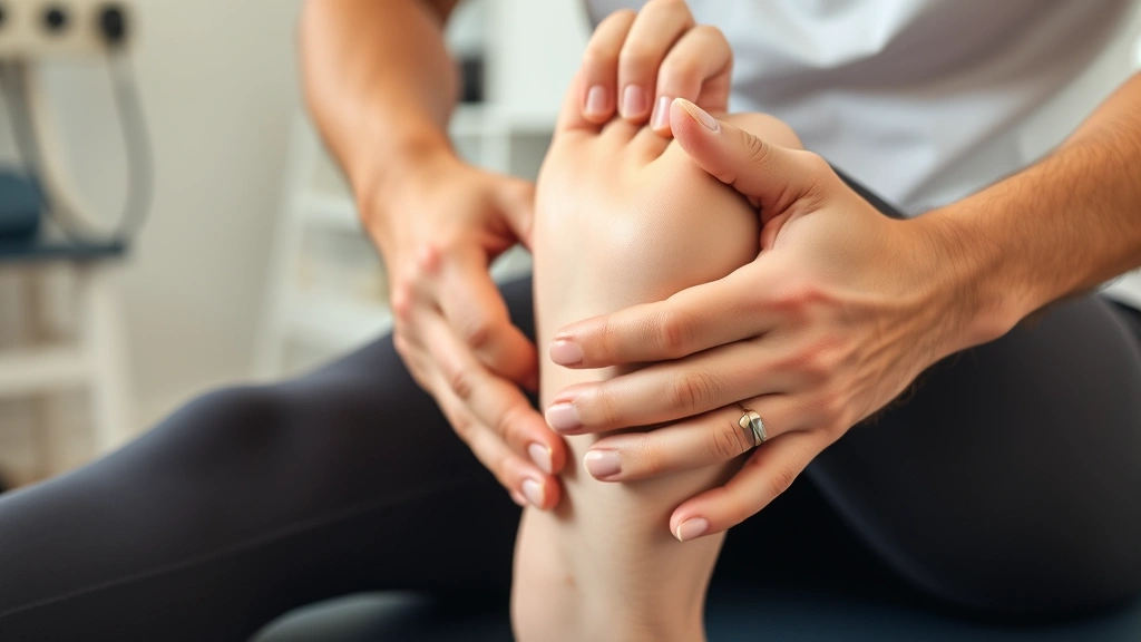 Close-up of physical therapist's hands demonstrating proper stretching technique on patient's lower leg during evidence-based recovery session in professional healthcare environment