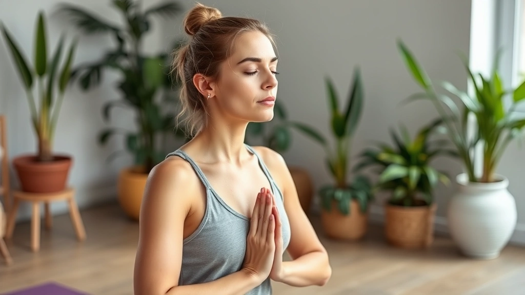 Woman practicing breathing exercises during yoga session, focused peaceful expression, indoor studio with plants, demonstrating stress relief and nervous system regulation