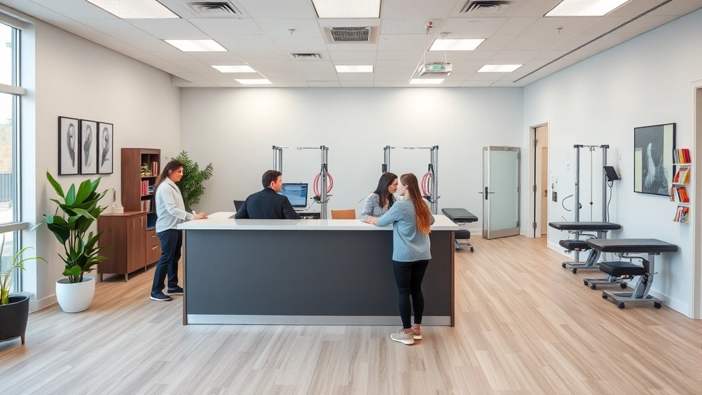 Modern physical therapy clinic reception area with welcoming design, therapy equipment visible in background, clean professional space with patients and staff interaction