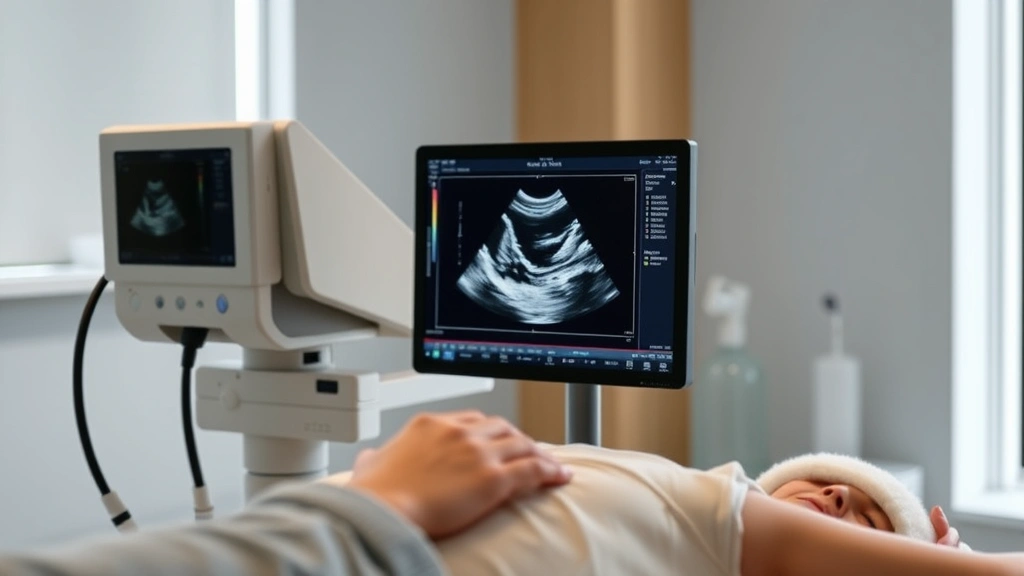 Advanced ultrasound imaging device being used by physical therapist to assess soft tissue during treatment session in contemporary medical facility