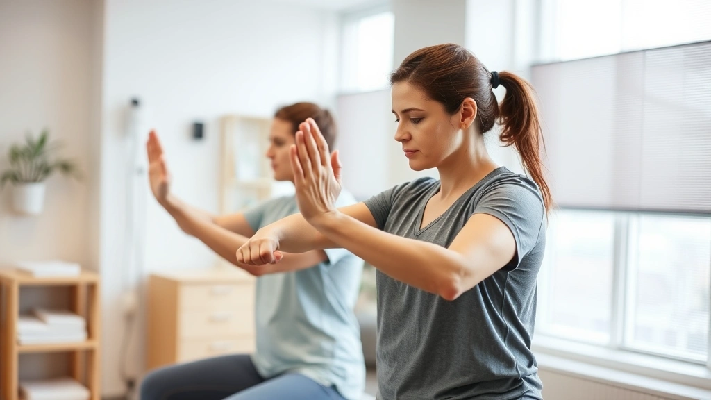 Physical therapist guiding patient through mindful movement exercise in clinical setting, patient focused and present during therapeutic activity, bright professional healthcare environment