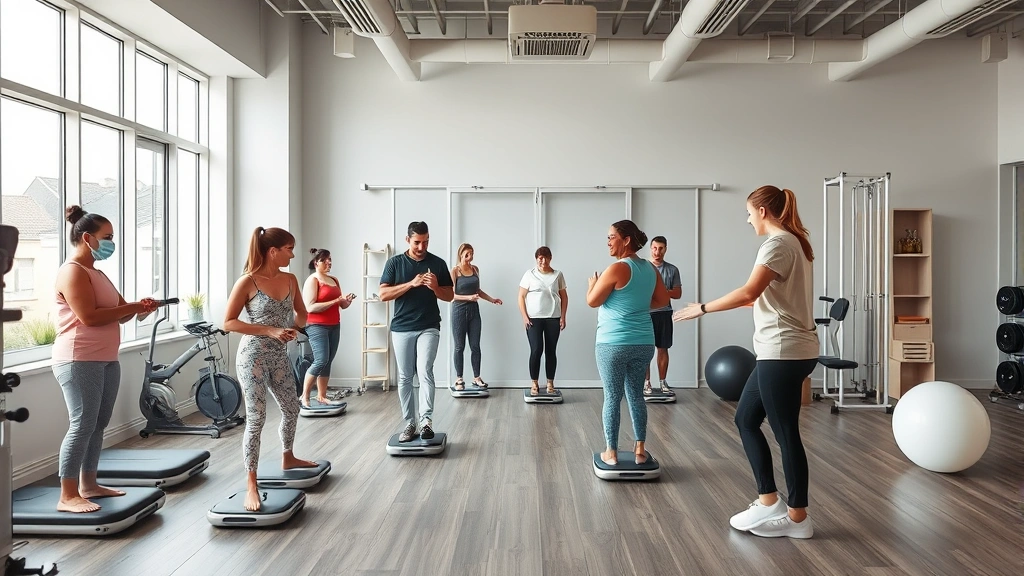 Diverse group of patients in modern physical therapy clinic using various rehabilitation equipment including balance boards and weights, active therapy session