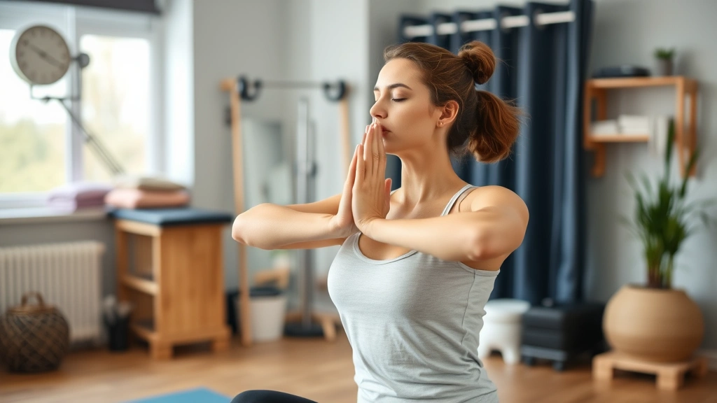 Patient performing mindful movement exercise in physical therapy clinic, focusing on present moment awareness, gentle stretching with conscious breathing, therapeutic environment