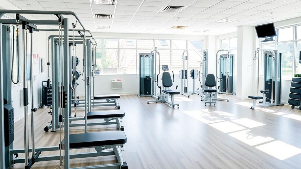 State-of-the-art physical therapy clinic interior showing exercise stations, resistance machines, and rehabilitation equipment arranged in clean professional space with natural lighting