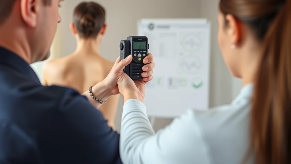 Physical therapist conducting posture and movement assessment using goniometer tool, detailed examination of patient mobility, clinical diagnostic setting