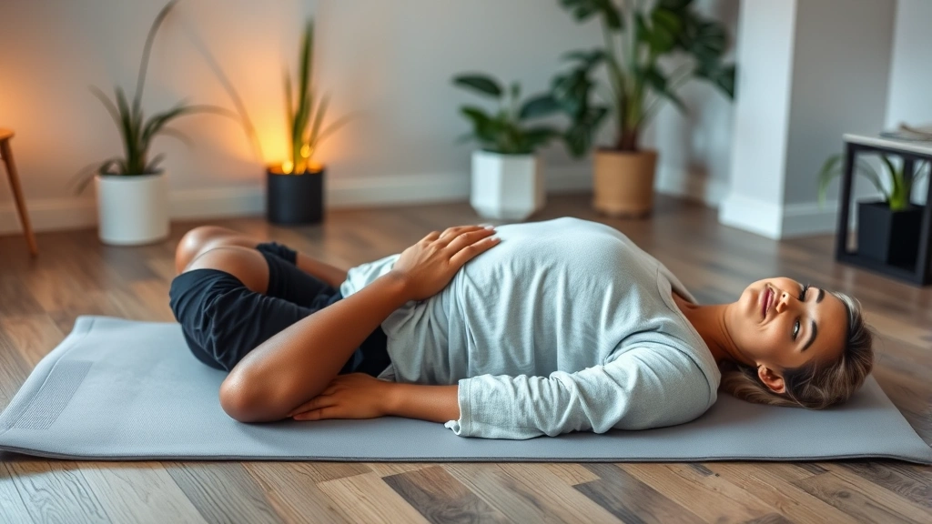 A diverse patient lying on a therapy mat in a calm rehabilitation space, one hand on abdomen, engaging in mindful body scan meditation, with subtle warm lighting and plants visible in the background
