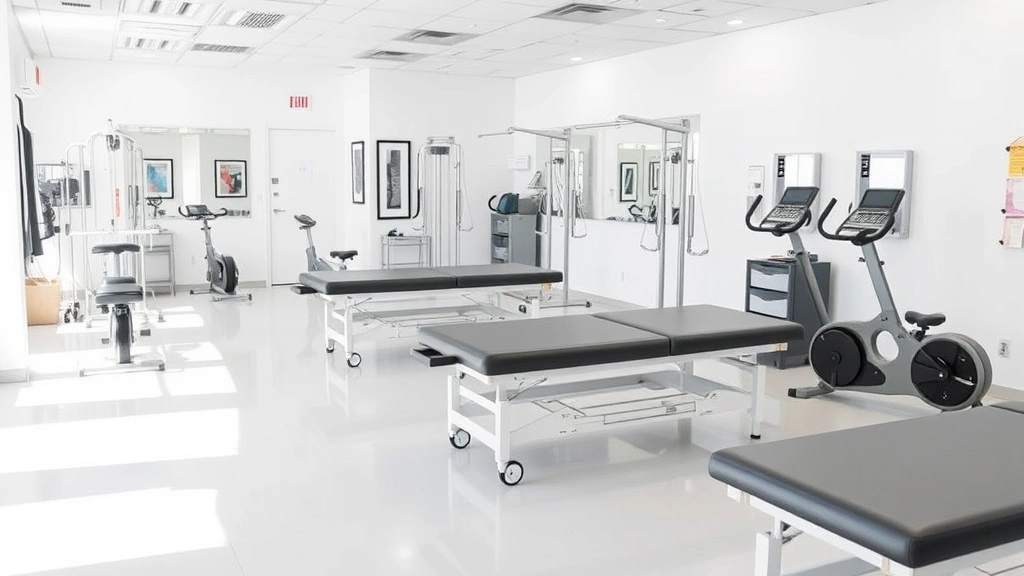 Modern physical therapy clinic interior with treatment tables, resistance equipment, balance training apparatus, and exercise bikes, clean professional healthcare environment with bright lighting