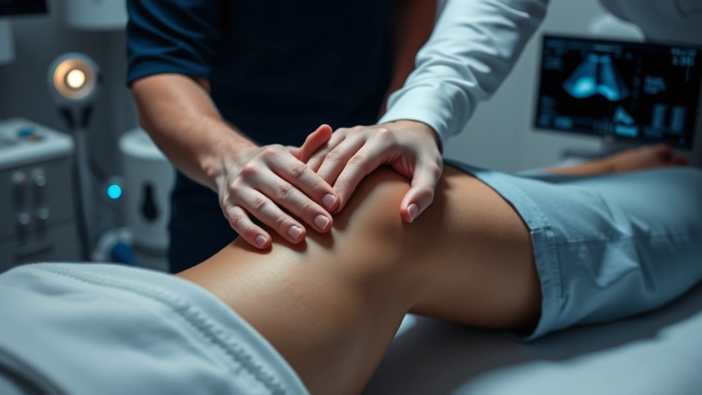 Close-up of physical therapist using ultrasound therapy equipment on patient's knee, modern medical technology in clinical setting, focused on therapeutic treatment delivery