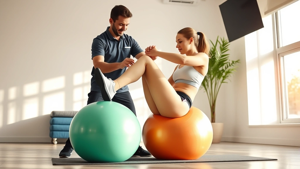 Professional physical therapist working with patient doing leg exercises on therapy ball in bright modern clinic, natural lighting, patient wearing athletic wear