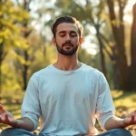 Person meditating in peaceful natural setting with trees and soft sunlight, showing calm facial expression and relaxed posture, photorealistic, serene atmosphere