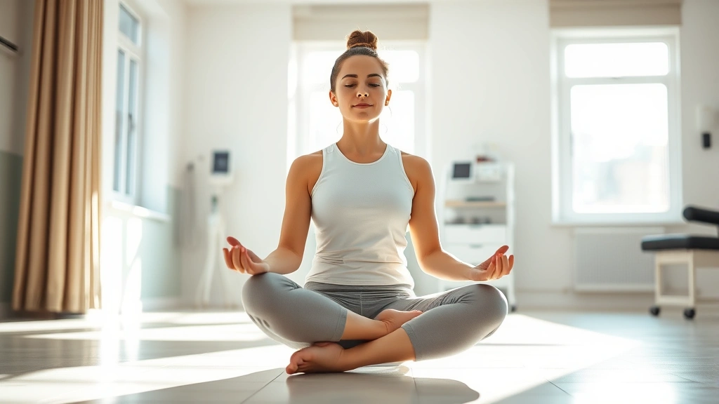 Person sitting in peaceful meditation posture in bright clinical rehabilitation room, natural light streaming through windows, serene expression, wearing comfortable athletic wear