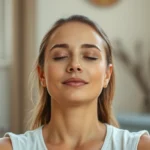 Person in peaceful meditation pose with soft natural light, serene facial expression showing deep relaxation and inner calm, therapeutic wellness environment