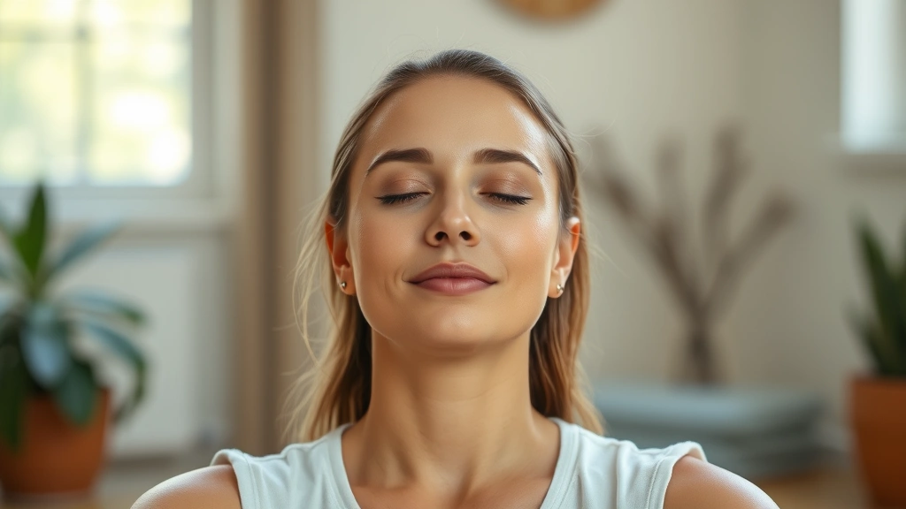 Person in peaceful meditation pose with soft natural light, serene facial expression showing deep relaxation and inner calm, therapeutic wellness environment