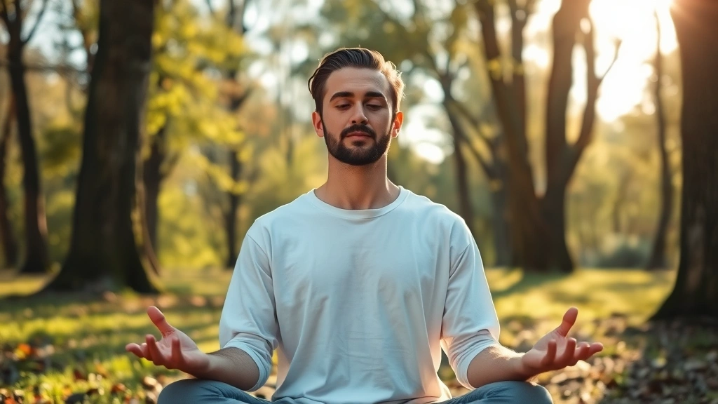 Person meditating in peaceful natural setting with trees and soft sunlight, showing calm facial expression and relaxed posture, photorealistic, serene atmosphere