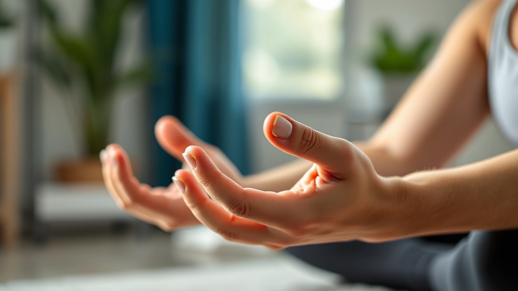 Closeup of hands performing gentle stretching exercise with focused mindful expression, physical therapy clinic setting, soft natural lighting highlighting peaceful concentration