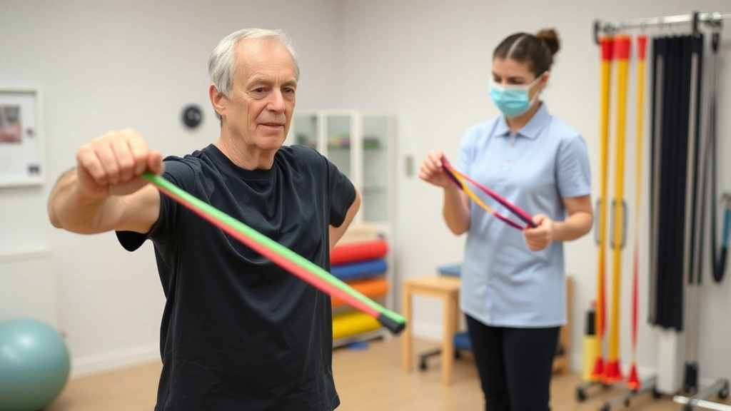 Patient performing resistance band exercises with therapist guidance in rehabilitation clinic, focused expression, colorful therapy equipment visible, professional healthcare setting