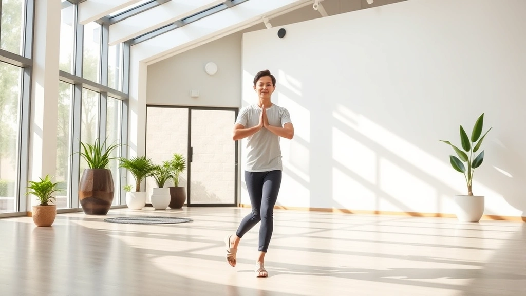 Individual practicing walking meditation in modern wellness center, sunlight illuminating space, calm posture demonstrating body awareness and present-moment focus