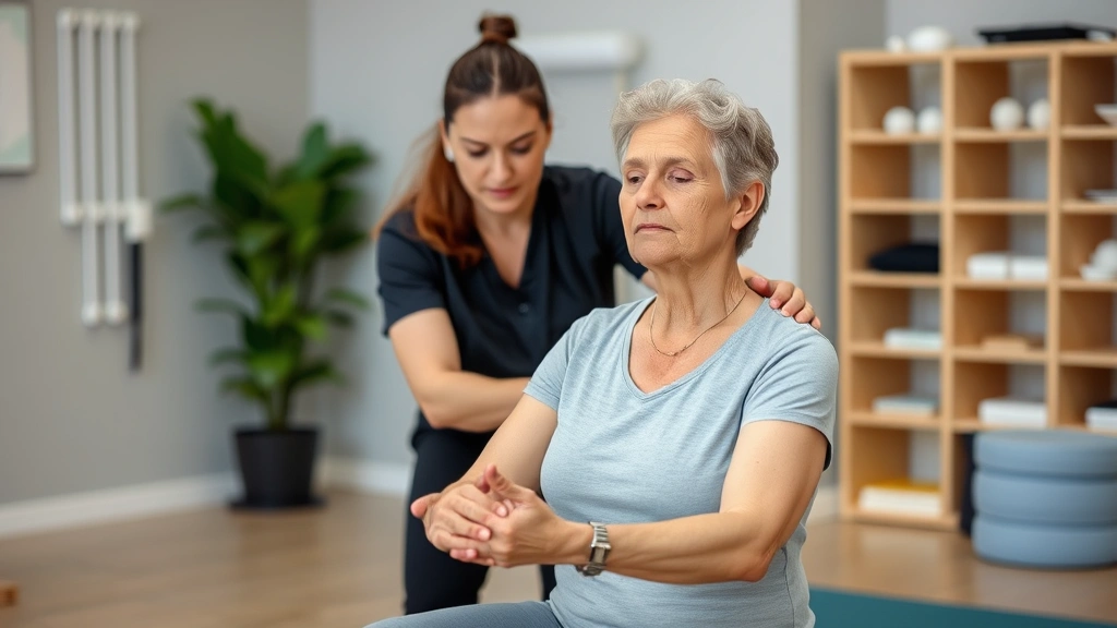 Physical therapist and patient performing rehabilitation exercise together, patient demonstrating mindful focus during movement therapy, clinical setting