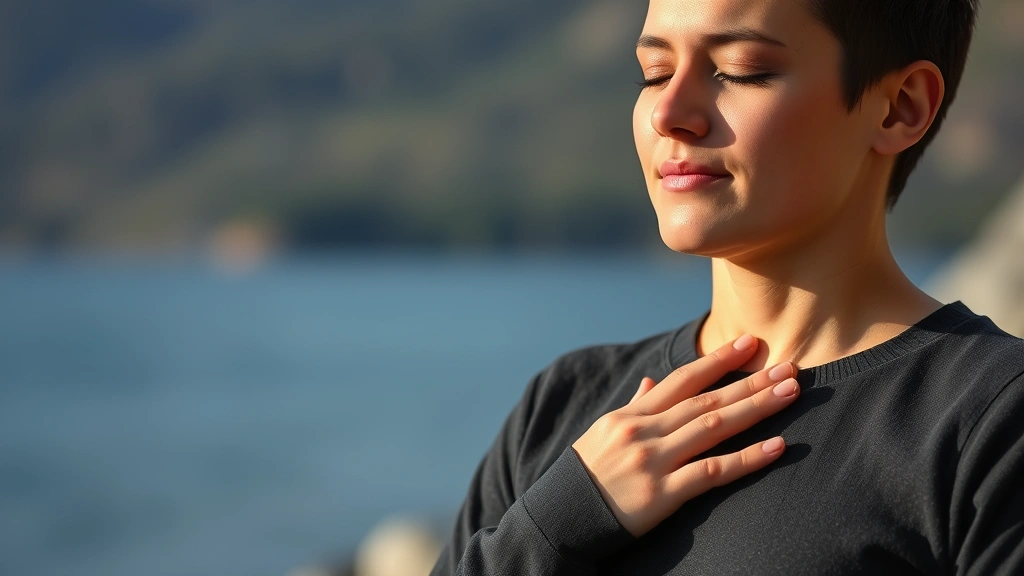 Individual practicing mindful breathing outdoors with hand on chest, closed eyes, peaceful expression, natural background with water or mountains, photorealistic wellness imagery