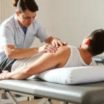 Professional physical therapist performing manual therapy on patient's shoulder, patient lying on adjustable treatment table in clinical setting, natural lighting, focused therapeutic interaction