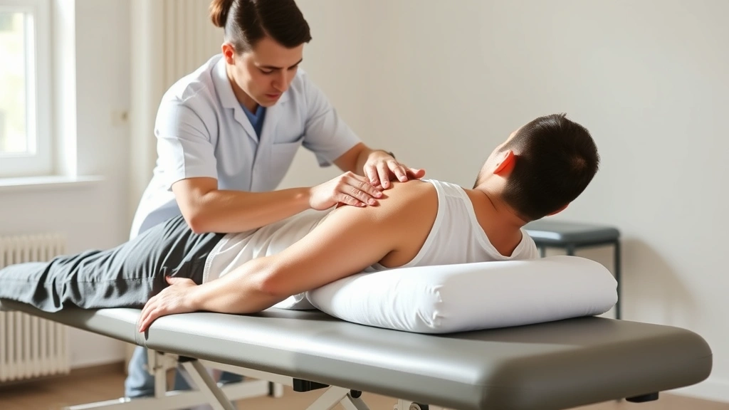 Professional physical therapist performing manual therapy on patient's shoulder, patient lying on adjustable treatment table in clinical setting, natural lighting, focused therapeutic interaction