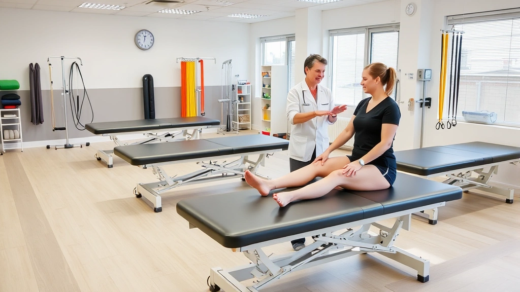 Modern physical therapy clinic with multiple adjustable treatment tables, exercise equipment including resistance bands and balance tools, bright professional healthcare environment, patient receiving guidance