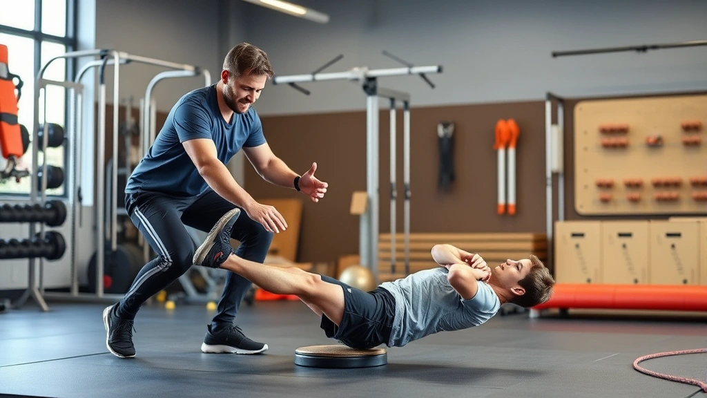 Athletic physical therapist working with young athlete performing balance and proprioception training on unstable surface, dynamic movement capture, sports rehabilitation setting with professional equipment