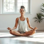 A serene person sitting in cross-legged meditation position on a peaceful yoga mat indoors, soft natural light streaming through windows, calm facial expression, minimalist modern room with plants, photorealistic wellness setting