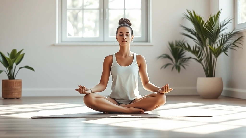 A serene person sitting in cross-legged meditation position on a peaceful yoga mat indoors, soft natural light streaming through windows, calm facial expression, minimalist modern room with plants, photorealistic wellness setting