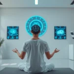 Serene person meditating in modern wellness clinic with biometric sensors and digital displays showing neural activity patterns, minimalist aesthetic, natural lighting, professional healthcare environment