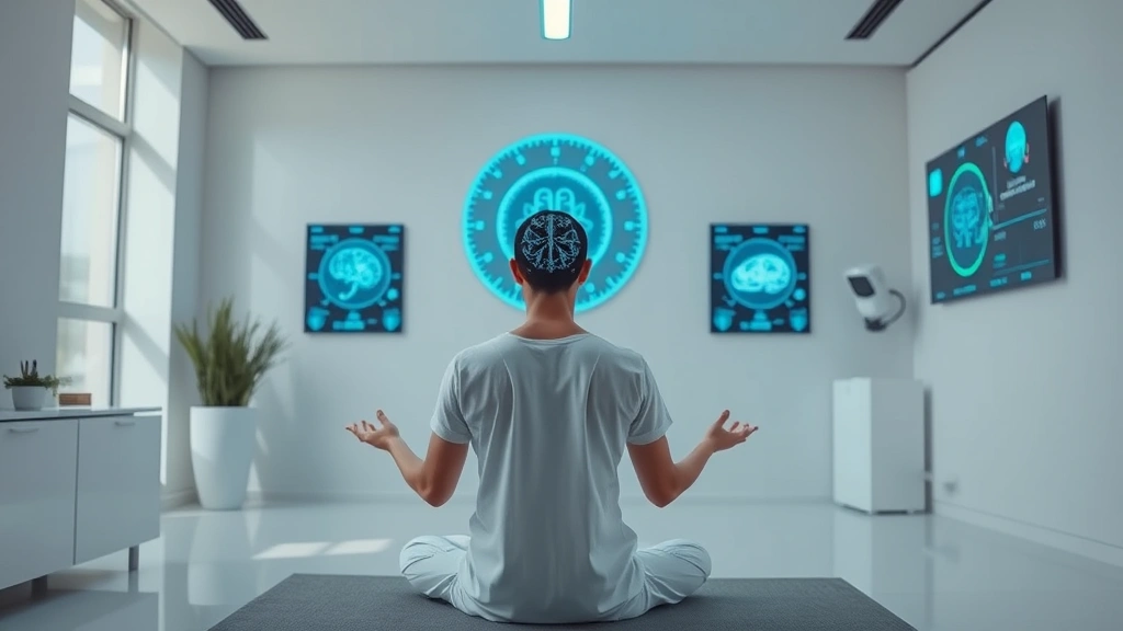 Serene person meditating in modern wellness clinic with biometric sensors and digital displays showing neural activity patterns, minimalist aesthetic, natural lighting, professional healthcare environment