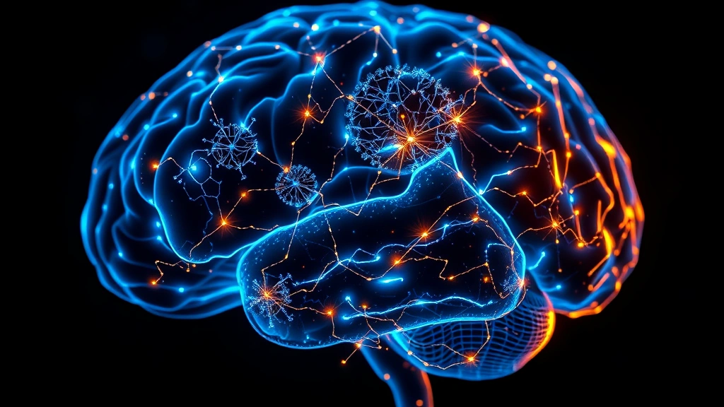 Close-up of human brain with neural pathways illuminated in blue and gold light, representing mindfulness meditation effects on brain connectivity, scientific visualization style, dark background emphasizing neural networks