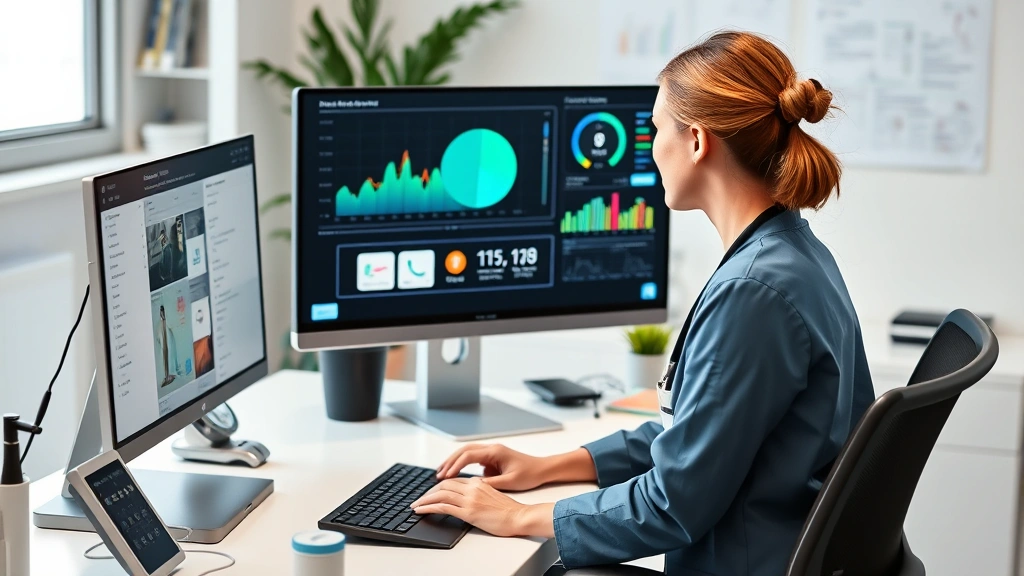 Healthcare professional analyzing mindfulness app data on computer workstation surrounded by wellness technology tools and patient monitoring devices, focused and engaged, modern office setting