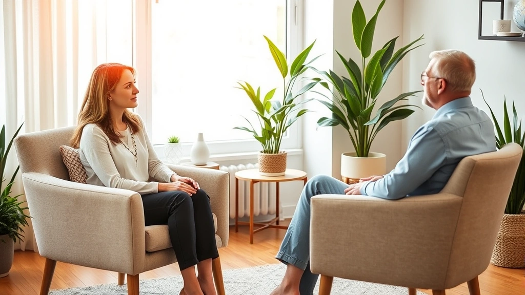 Therapist and client in professional counseling session, sitting in comfortable chairs facing each other in warm, natural-lit office space, client appears peaceful and engaged, wellness environment with soft furnishings and plants