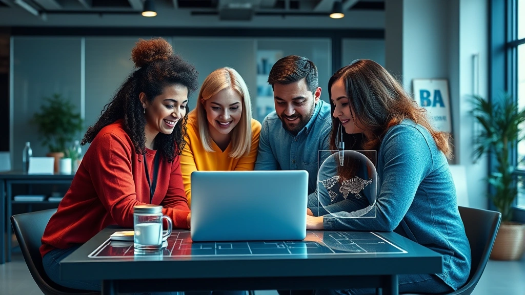 Diverse team collaborating on mental health technology platform with laptop, tablet, and holographic health data visualization, innovative startup environment, inclusive workplace
